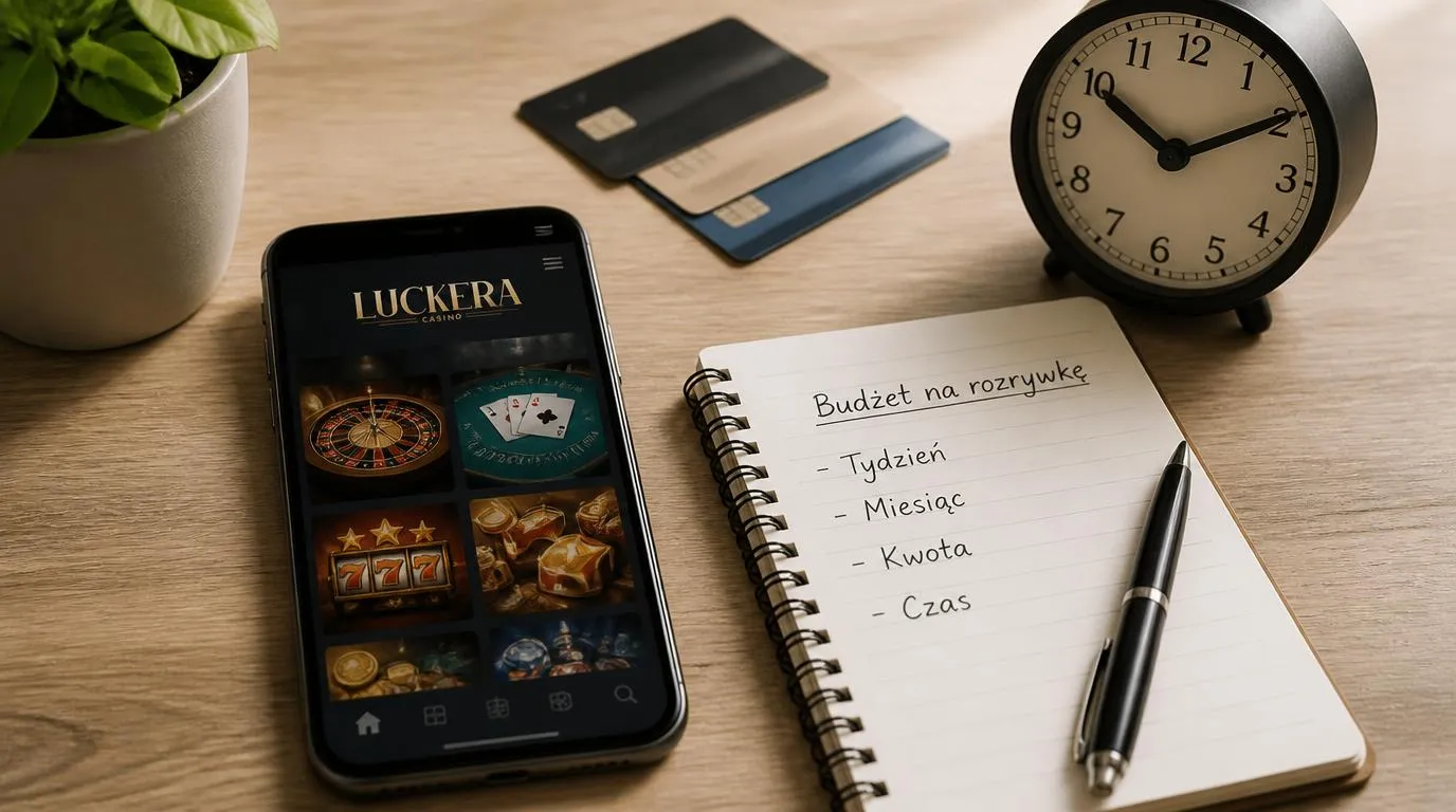 Telefon z neutralnym widokiem kasyna obok notatnika z budżetem i zegara