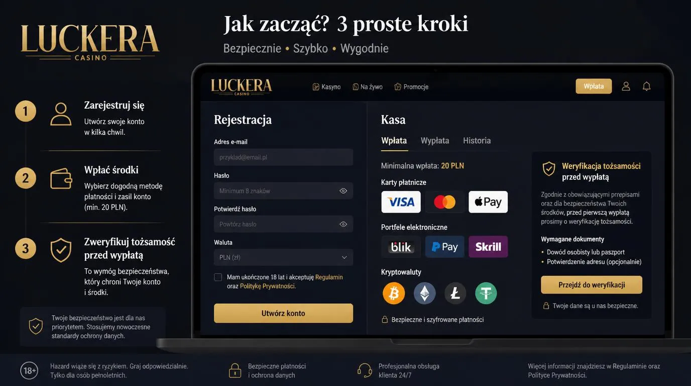 Ekran rejestracji i kasa online z wyborem metody wpłaty oraz informacją o weryfikacji tożsamości