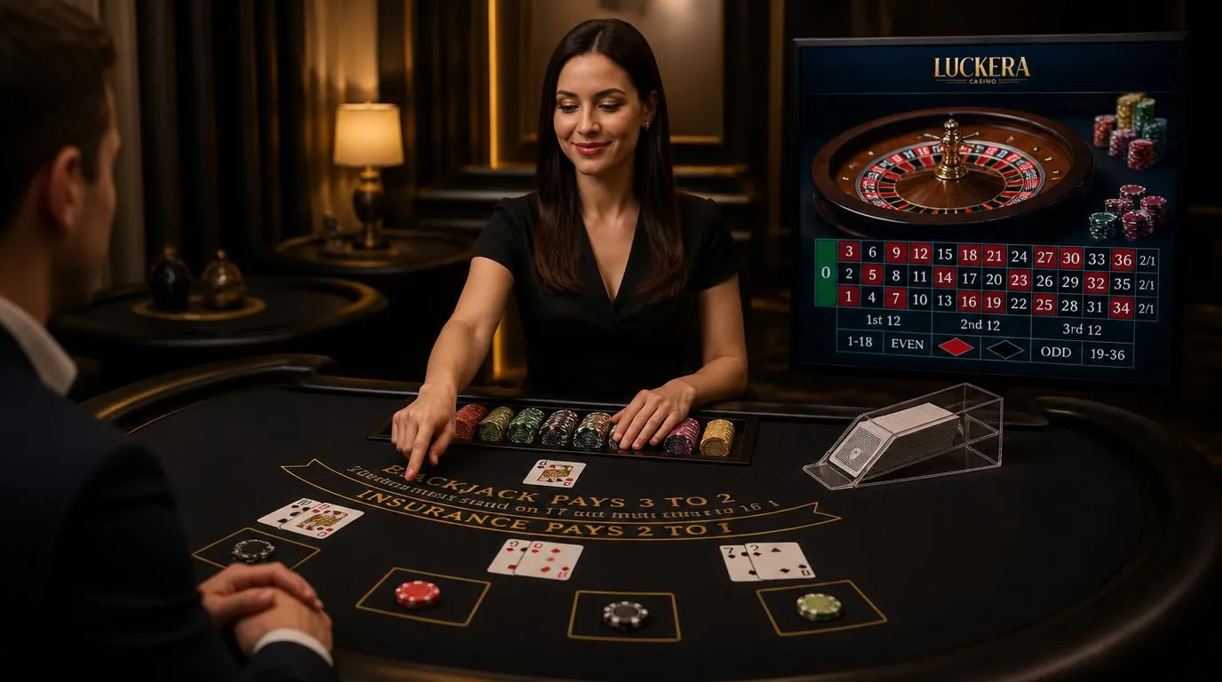 Krupier przy stole blackjacka w studiu kasyna na żywo, z widoczną transmisją ruletki na ekranie obok