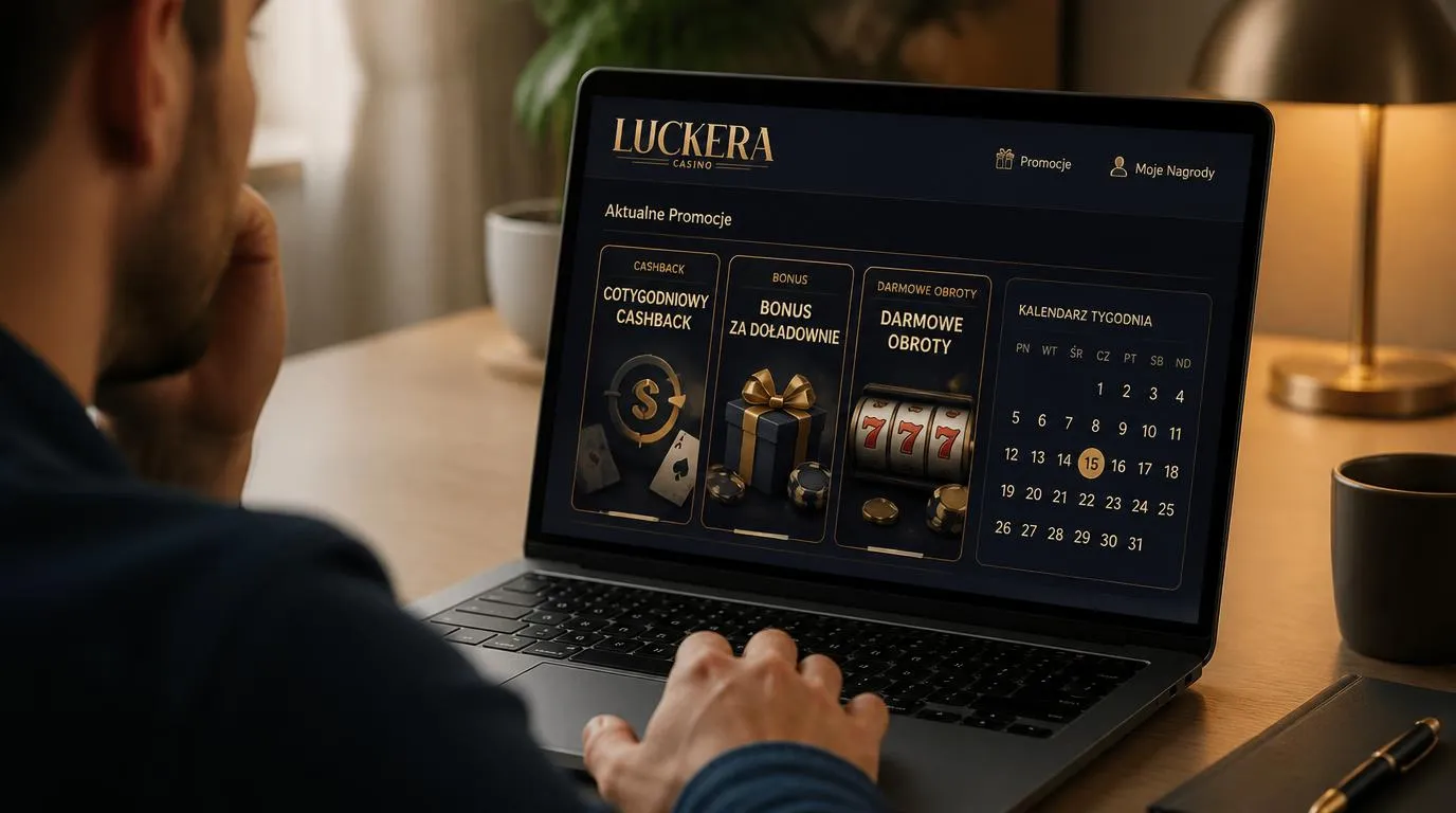 Ekran promocji kasyna z tygodniowym cashbackiem, bonusem od depozytu i darmowymi spinami